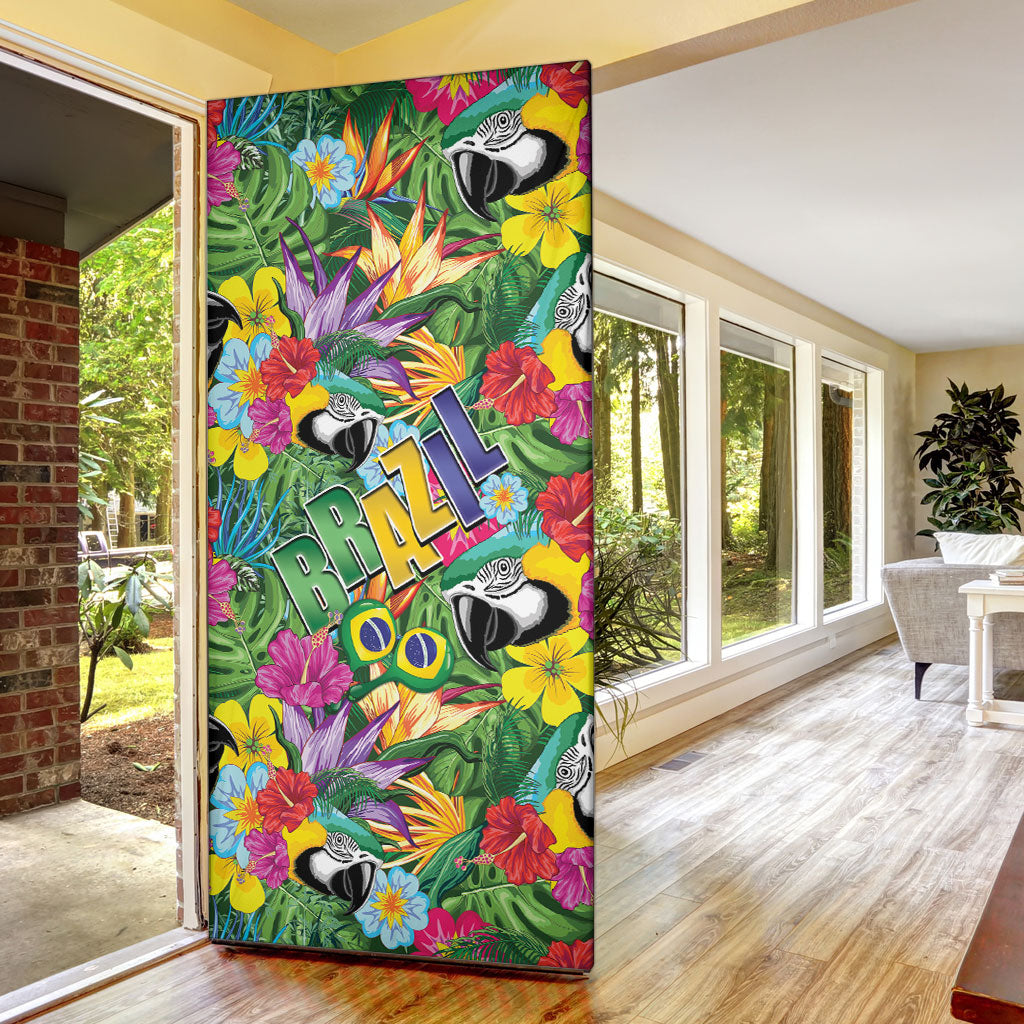 Macaw Parrot Brazil Door Cover Maracas Seamless Tropical Flowers