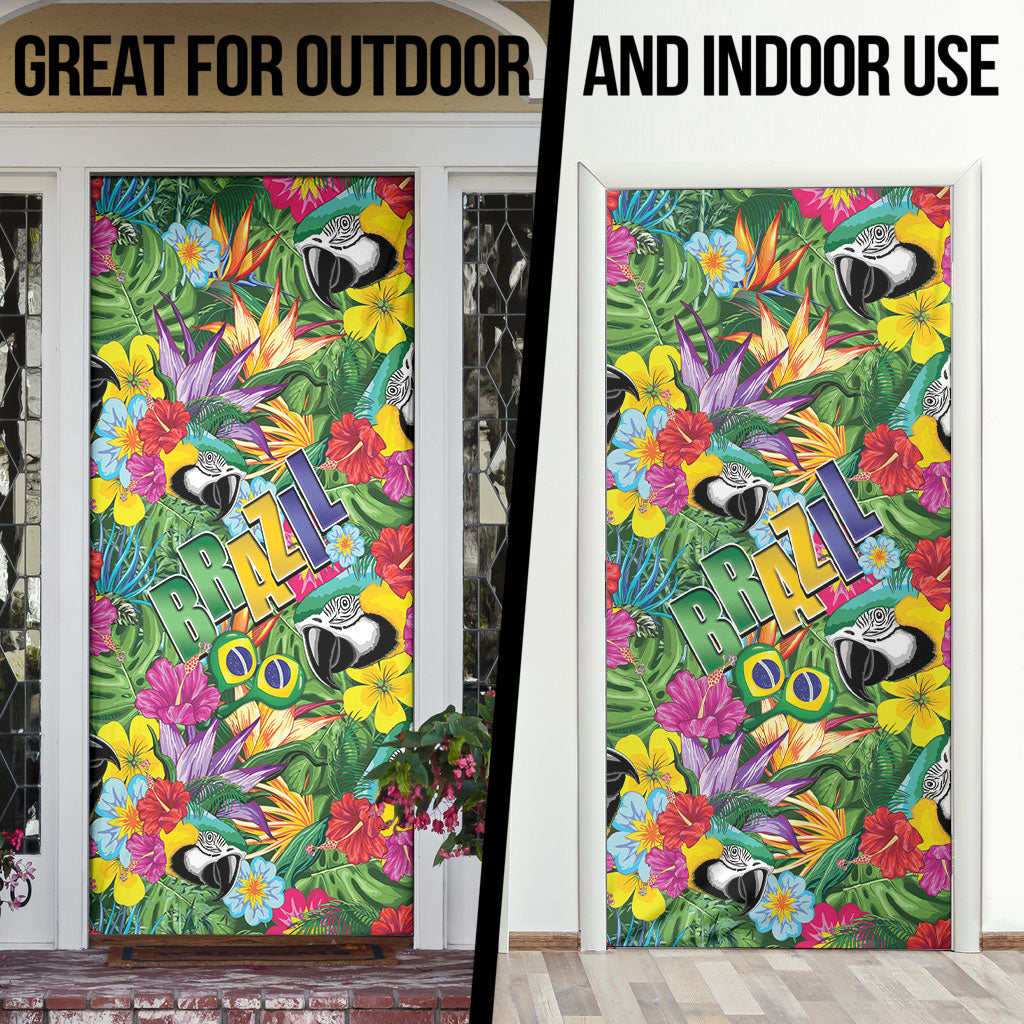 Macaw Parrot Brazil Door Cover Maracas Seamless Tropical Flowers