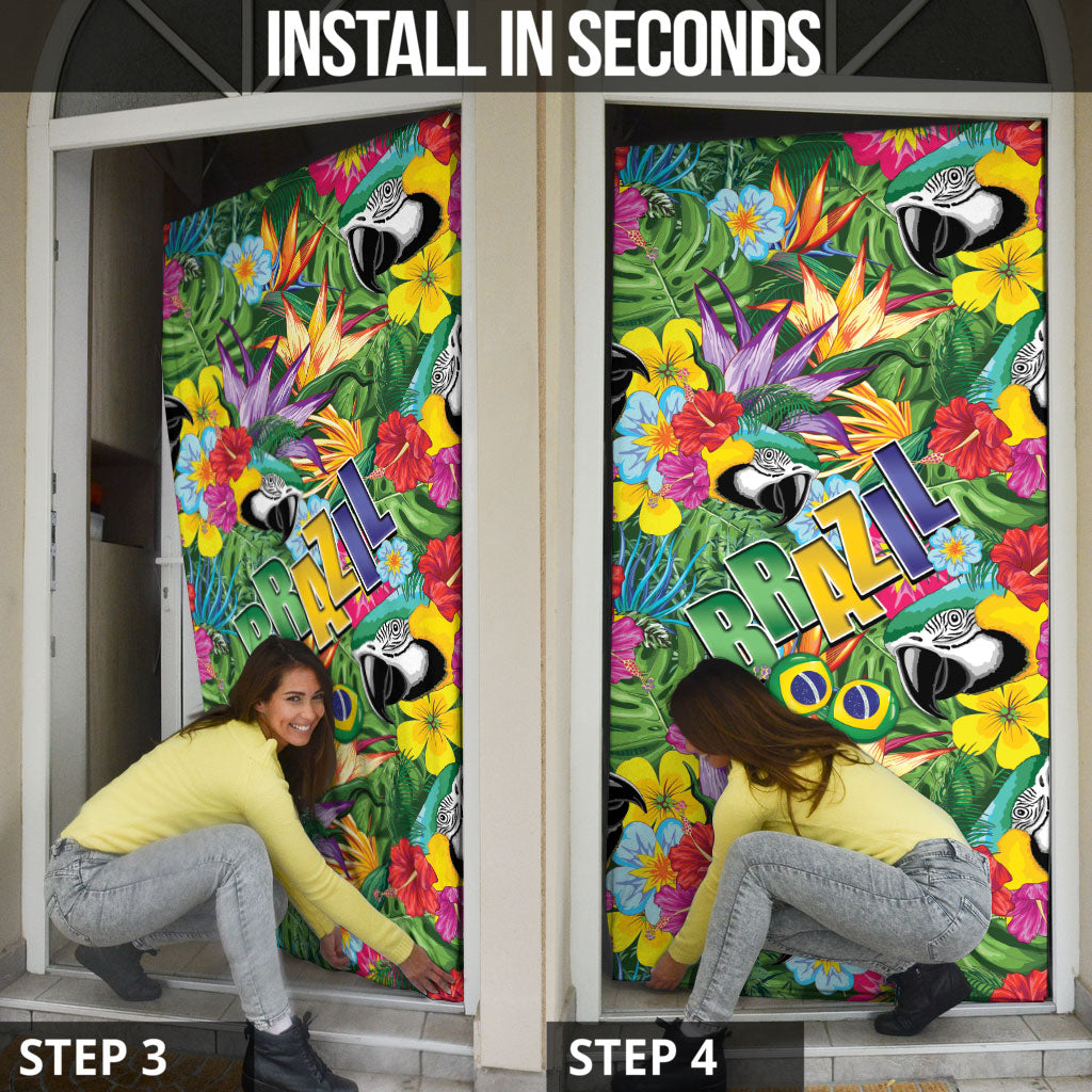 Macaw Parrot Brazil Door Cover Maracas Seamless Tropical Flowers