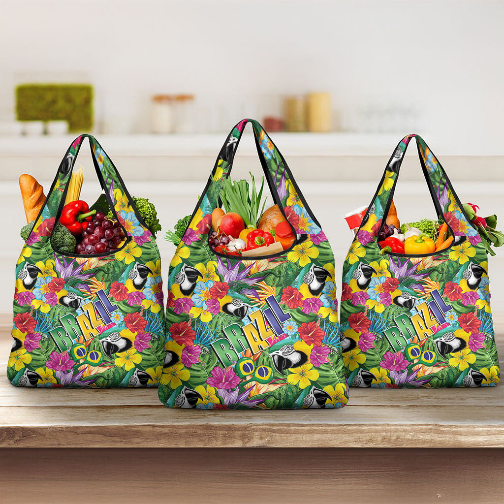 Macaw Parrot Brazil Grocery Bag Maracas Seamless Tropical Flowers