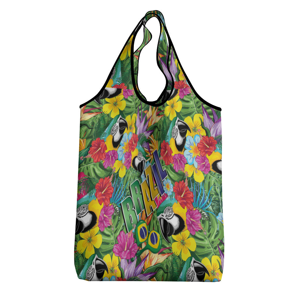 Macaw Parrot Brazil Grocery Bag Maracas Seamless Tropical Flowers