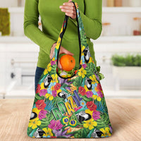 Macaw Parrot Brazil Grocery Bag Maracas Seamless Tropical Flowers