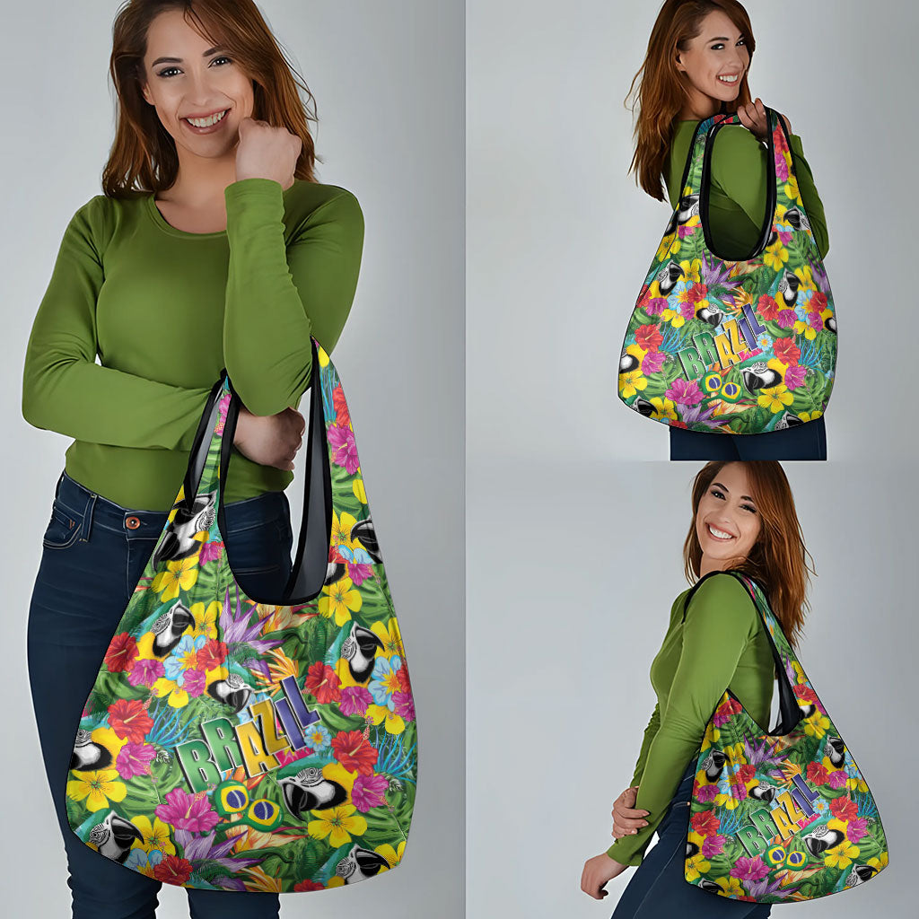 Macaw Parrot Brazil Grocery Bag Maracas Seamless Tropical Flowers