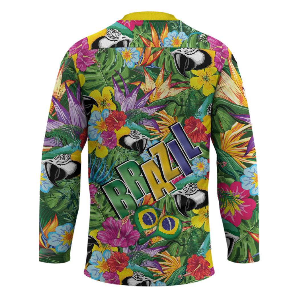 Macaw Parrot Brazil Hockey Jersey Maracas Seamless Tropical Flowers
