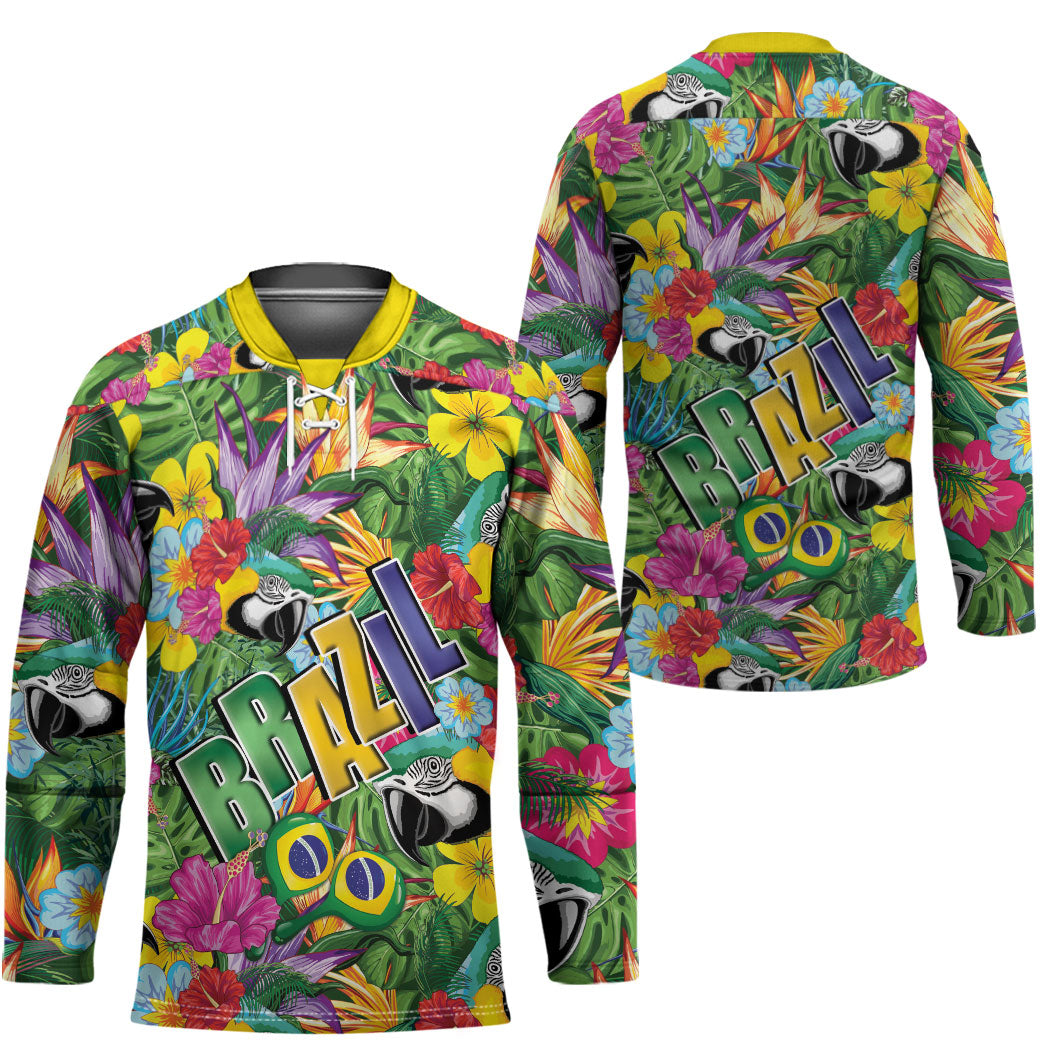 Macaw Parrot Brazil Hockey Jersey Maracas Seamless Tropical Flowers