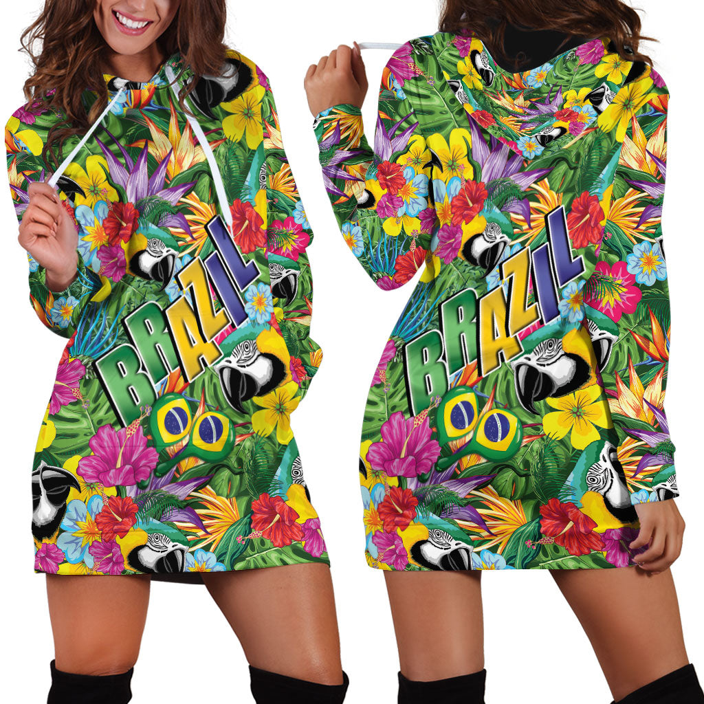 Macaw Parrot Brazil Hoodie Dress Maracas Seamless Tropical Flowers