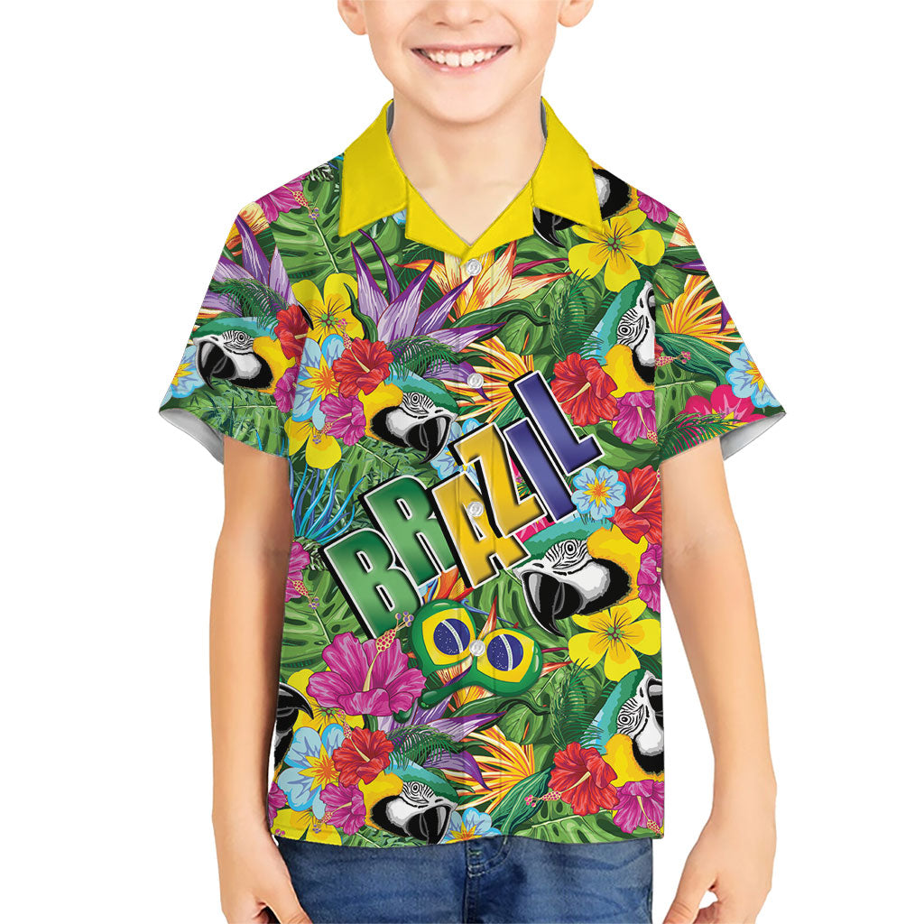 Macaw Parrot Brazil Kid Hawaiian Shirt Maracas Seamless Tropical Flowers