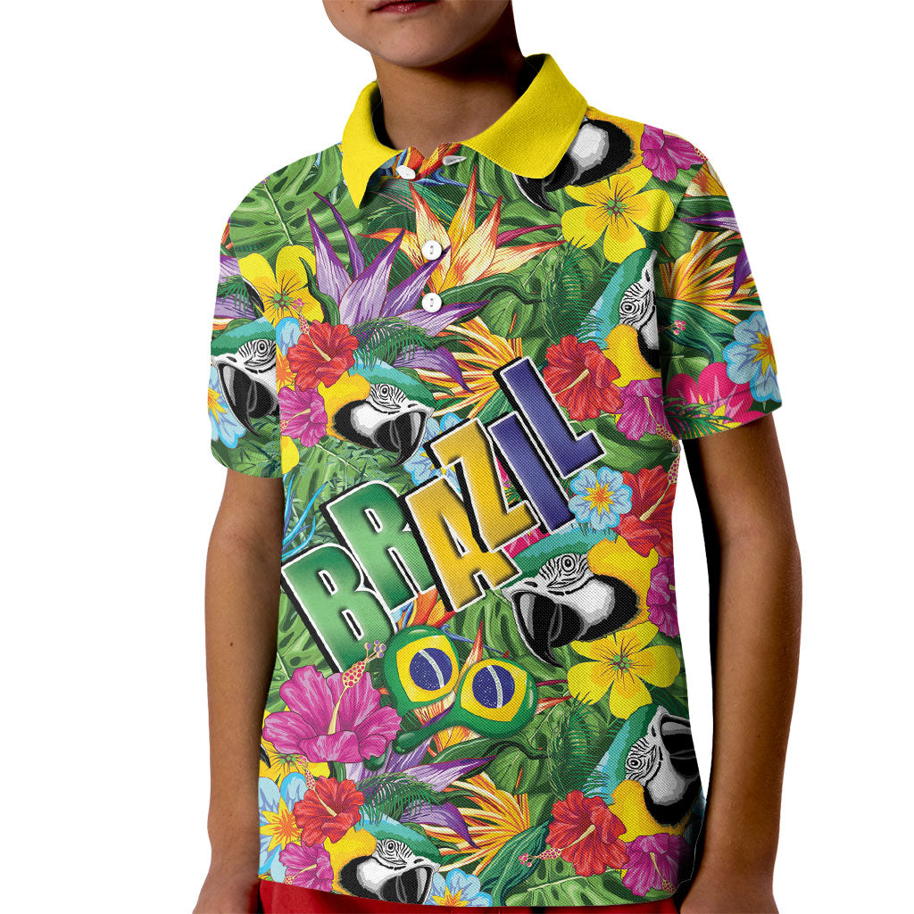 Macaw Parrot Brazil Kid Polo Shirt Maracas Seamless Tropical Flowers