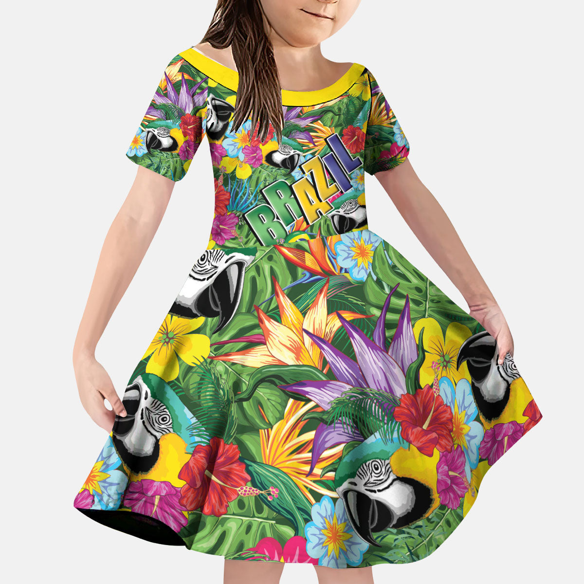 Macaw Parrot Brazil Kid Short Sleeve Dress Maracas Seamless Tropical Flowers