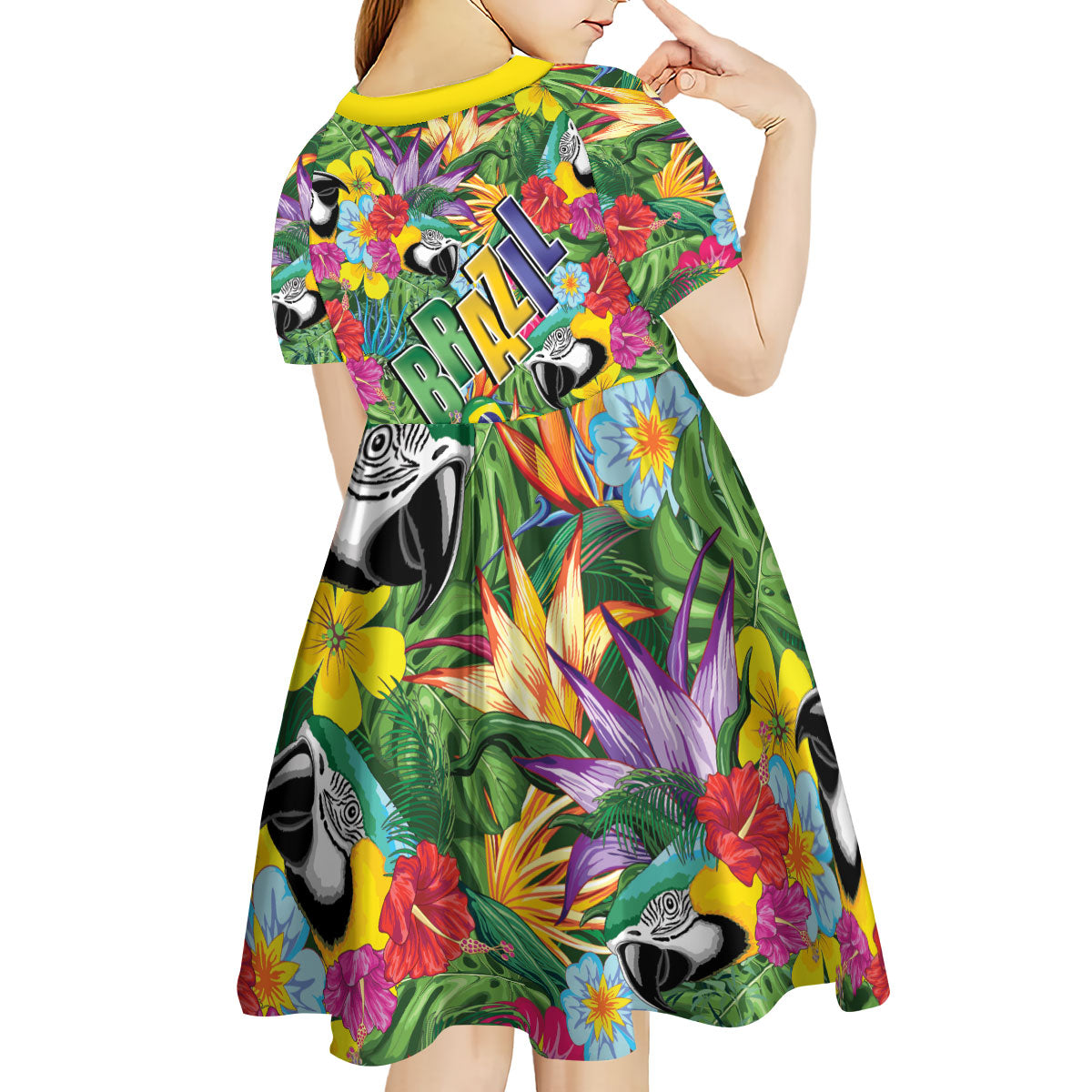 Macaw Parrot Brazil Kid Short Sleeve Dress Maracas Seamless Tropical Flowers