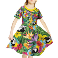 Macaw Parrot Brazil Kid Short Sleeve Dress Maracas Seamless Tropical Flowers