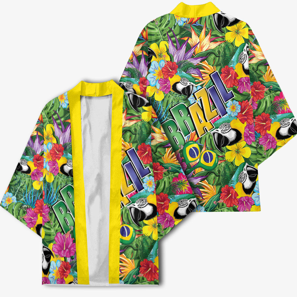 Macaw Parrot Brazil Kimono Maracas Seamless Tropical Flowers