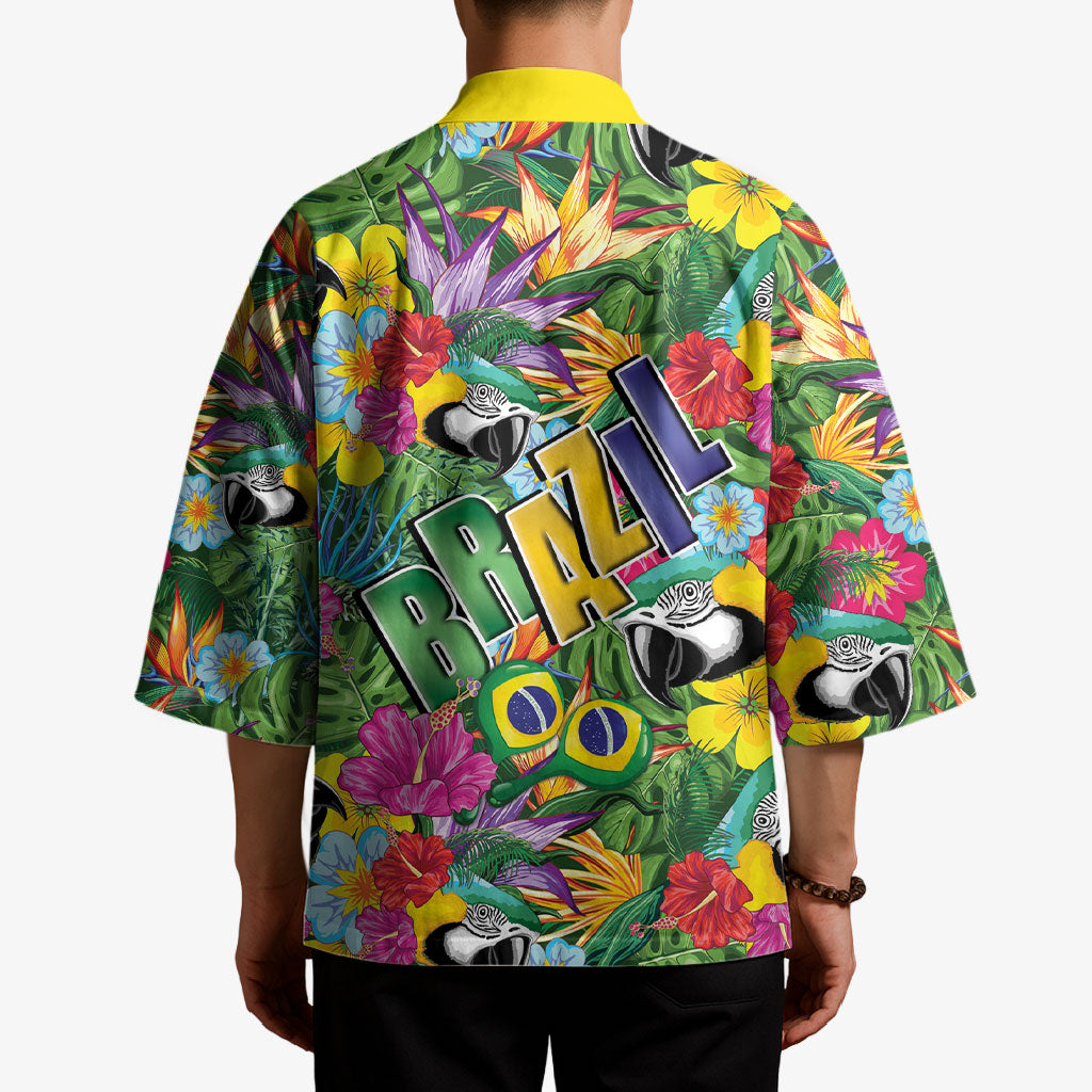 Macaw Parrot Brazil Kimono Maracas Seamless Tropical Flowers