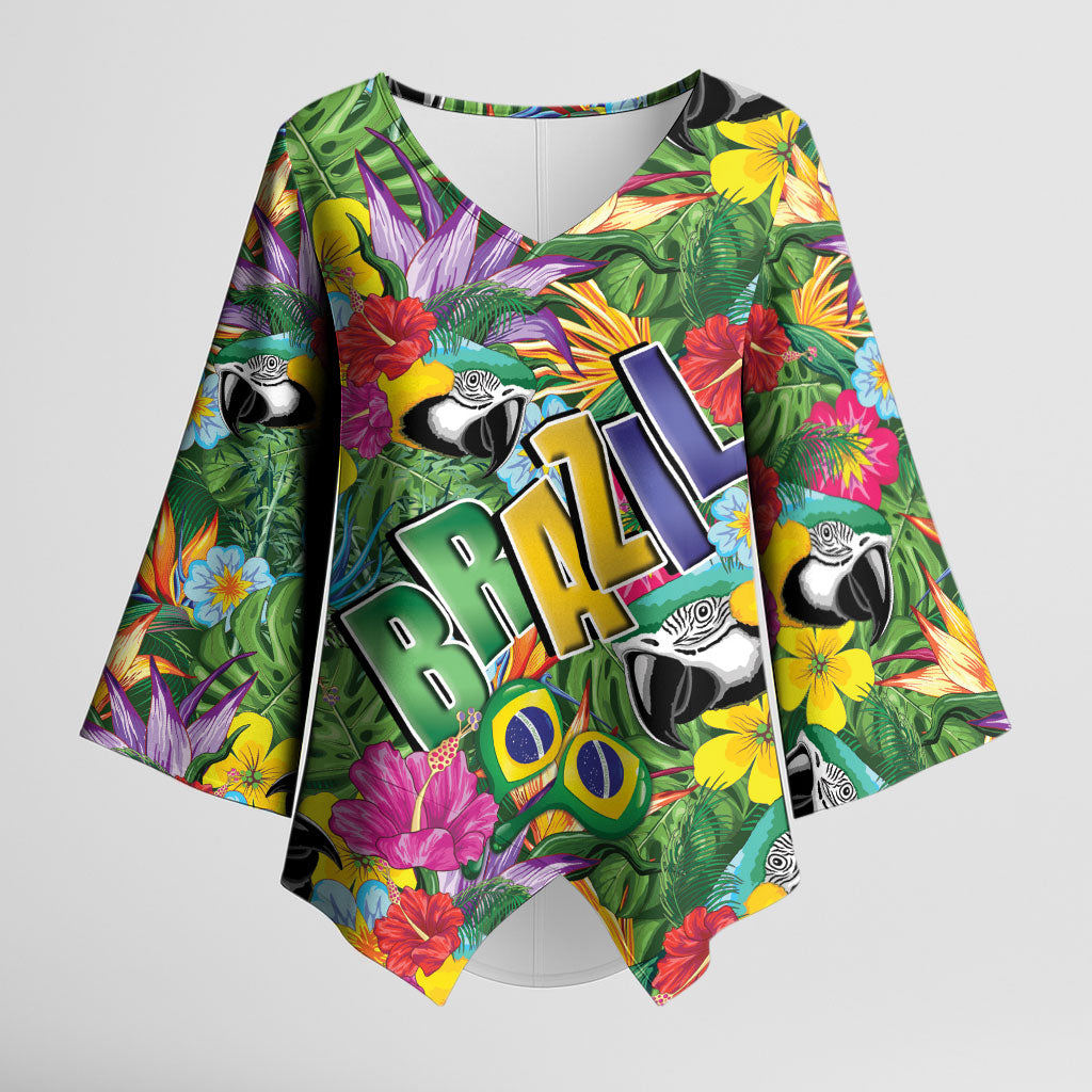 Macaw Parrot Brazil Kimono Sleeve Blouse Maracas Seamless Tropical Flowers
