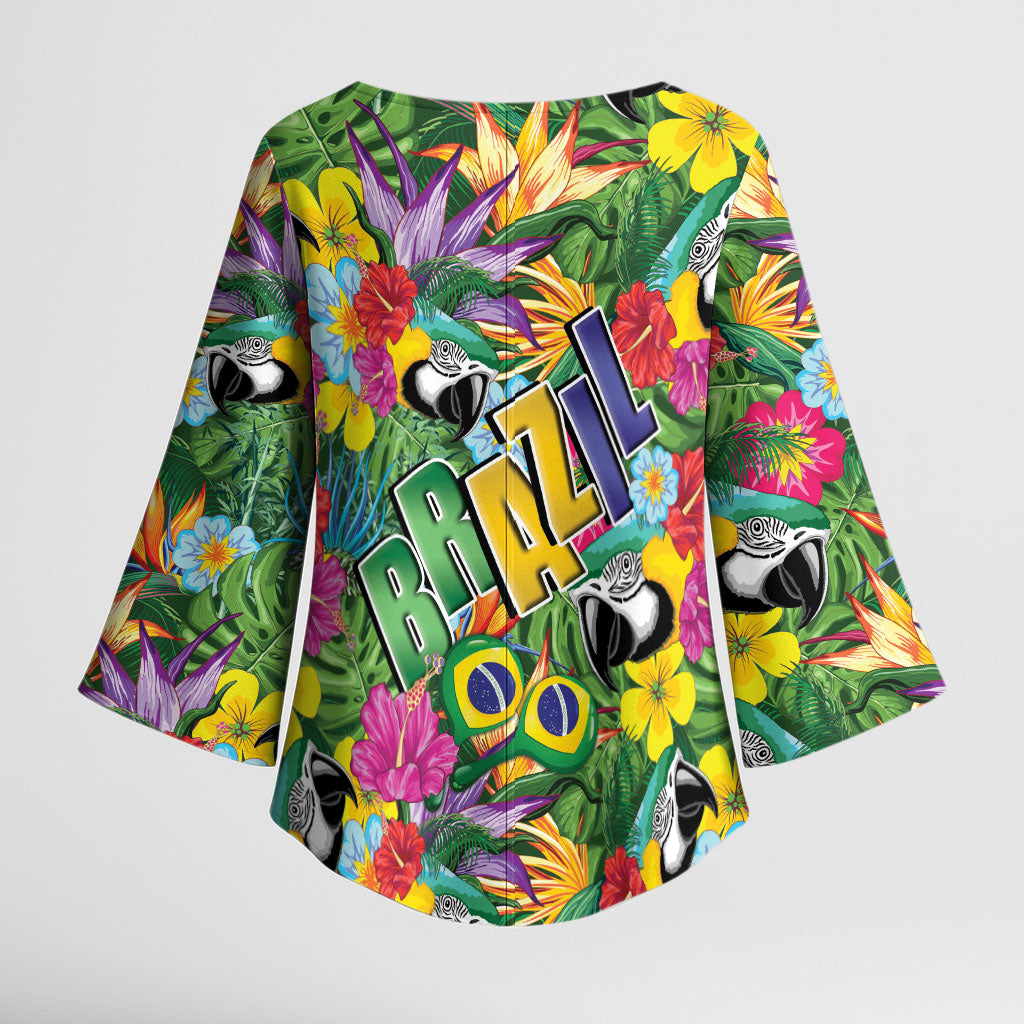 Macaw Parrot Brazil Kimono Sleeve Blouse Maracas Seamless Tropical Flowers