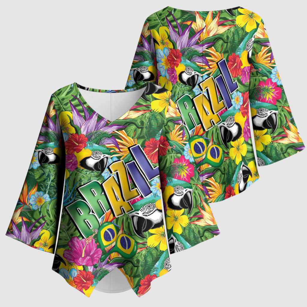 Macaw Parrot Brazil Kimono Sleeve Blouse Maracas Seamless Tropical Flowers