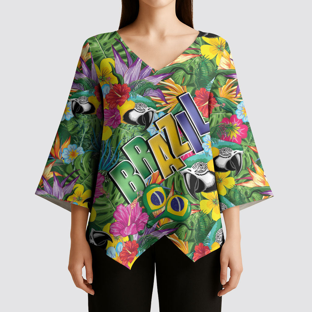 Macaw Parrot Brazil Kimono Sleeve Blouse Maracas Seamless Tropical Flowers