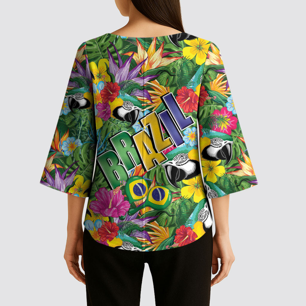 Macaw Parrot Brazil Kimono Sleeve Blouse Maracas Seamless Tropical Flowers
