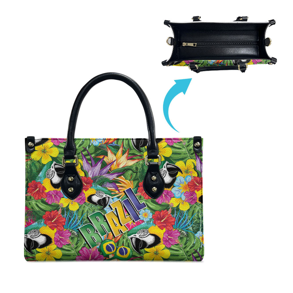Macaw Parrot Brazil Leather Bag Maracas Seamless Tropical Flowers