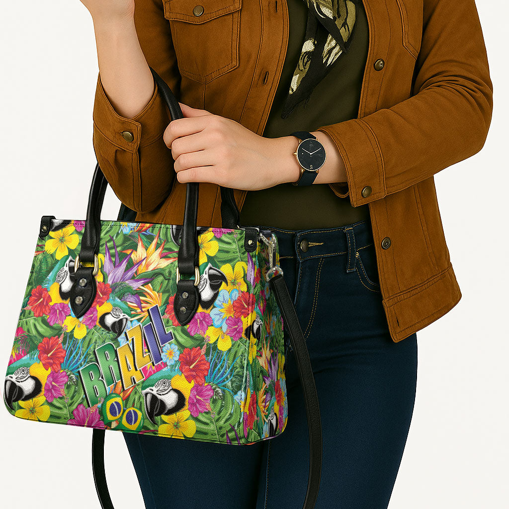 Macaw Parrot Brazil Leather Bag Maracas Seamless Tropical Flowers