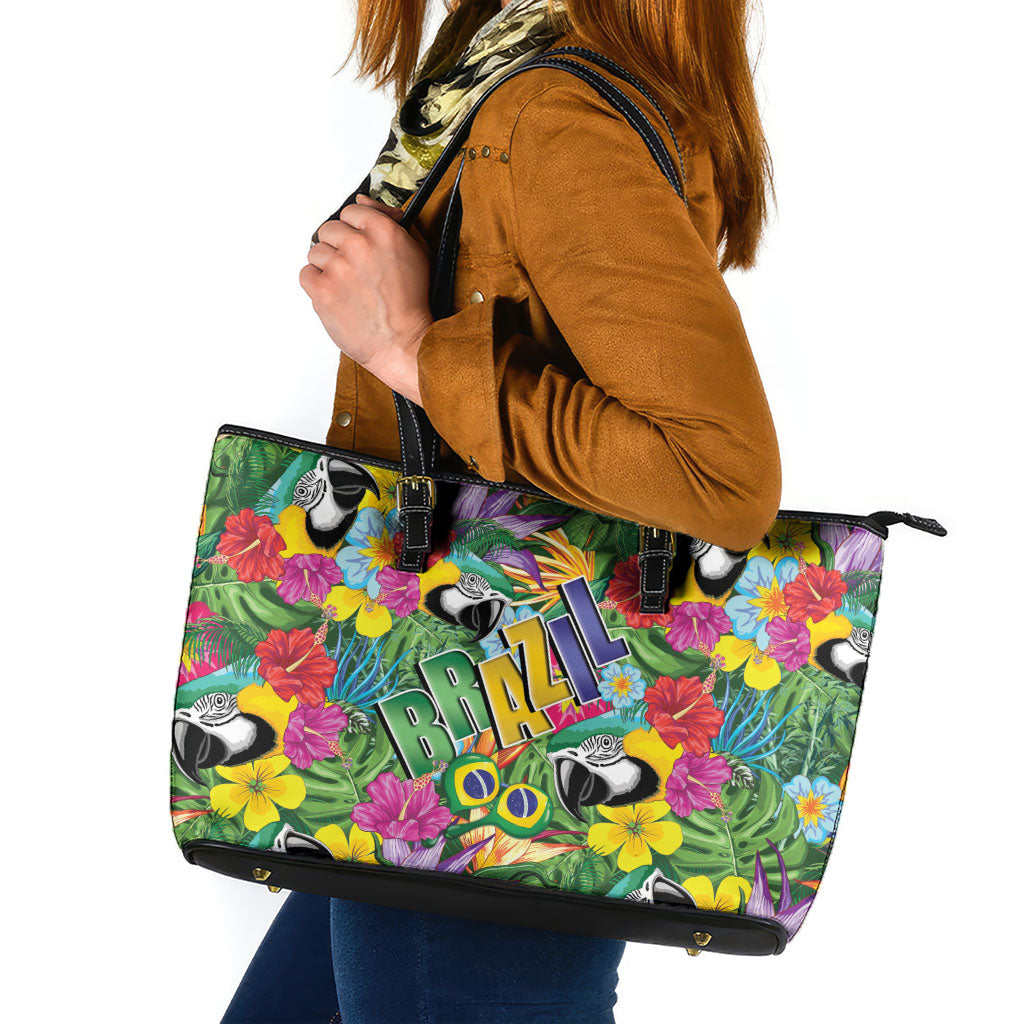 Macaw Parrot Brazil Leather Tote Bag Maracas Seamless Tropical Flowers