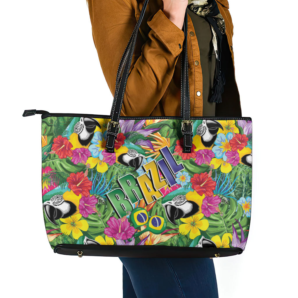 Macaw Parrot Brazil Leather Tote Bag Maracas Seamless Tropical Flowers