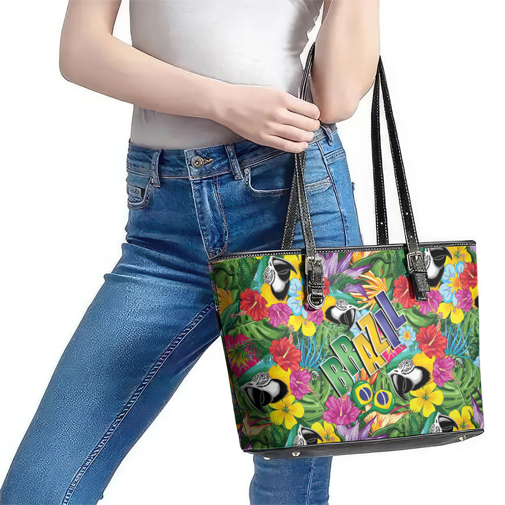 Macaw Parrot Brazil Leather Tote Bag Maracas Seamless Tropical Flowers