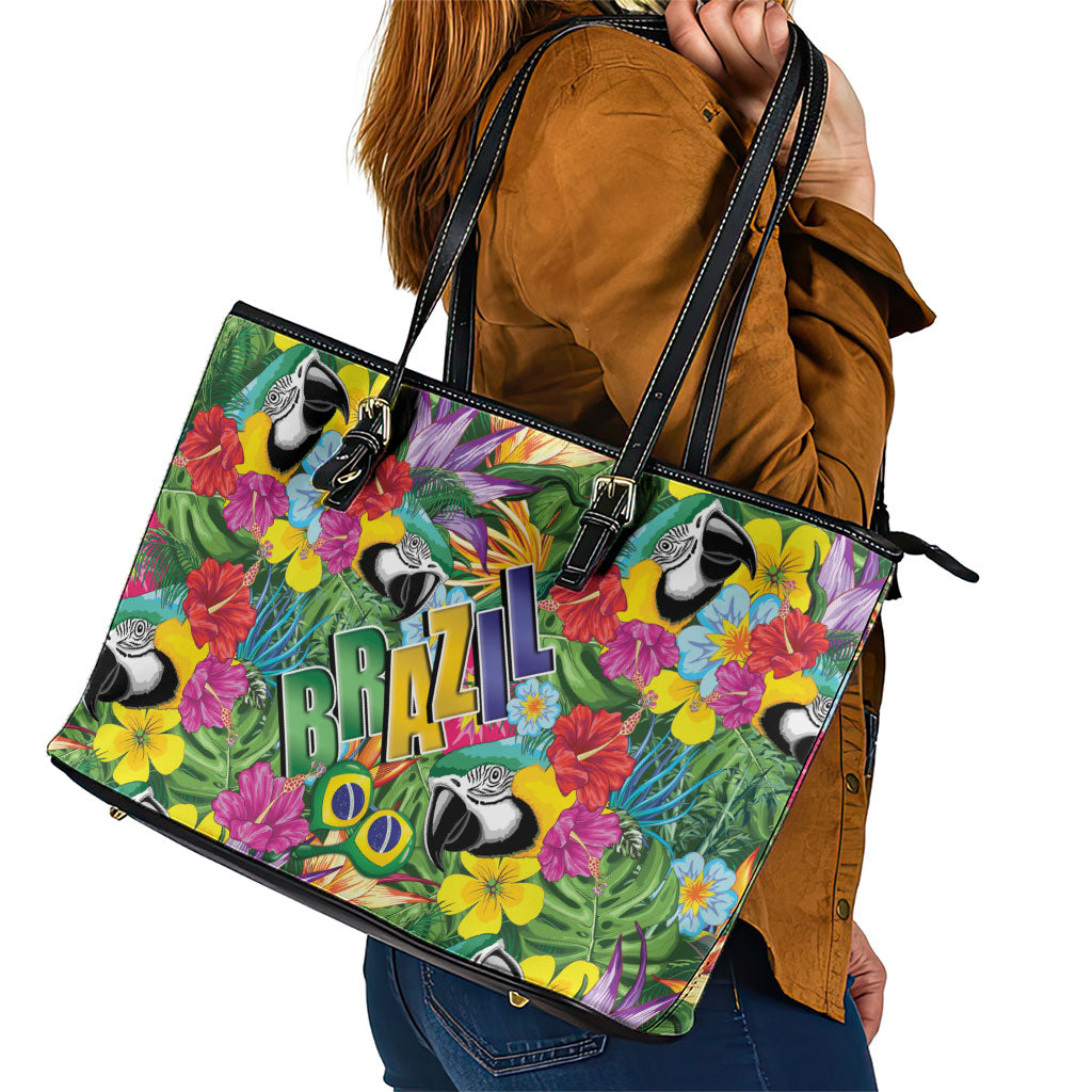 Macaw Parrot Brazil Leather Tote Bag Maracas Seamless Tropical Flowers