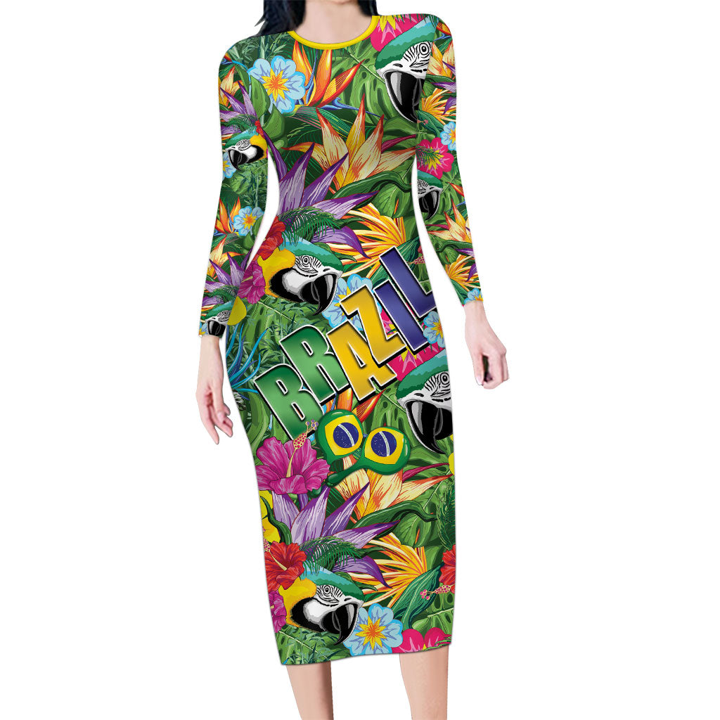 Macaw Parrot Brazil Long Sleeve Bodycon Dress Maracas Seamless Tropical Flowers