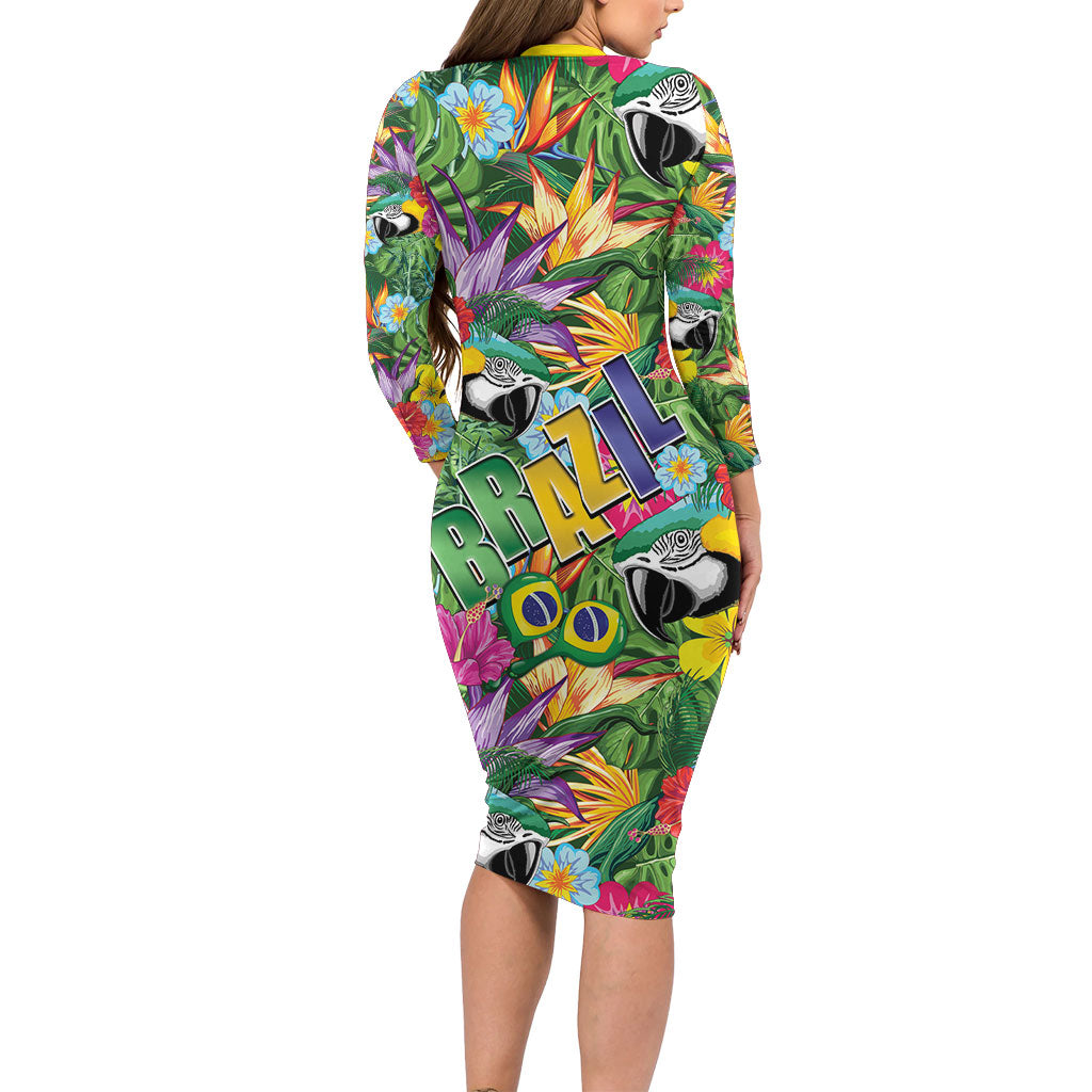 Macaw Parrot Brazil Long Sleeve Bodycon Dress Maracas Seamless Tropical Flowers