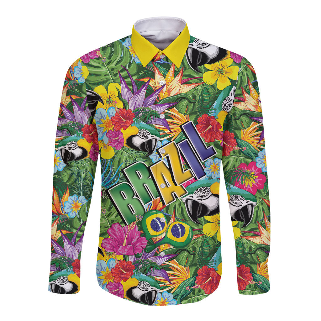 Macaw Parrot Brazil Long Sleeve Button Shirt Maracas Seamless Tropical Flowers