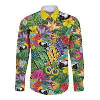Macaw Parrot Brazil Long Sleeve Button Shirt Maracas Seamless Tropical Flowers
