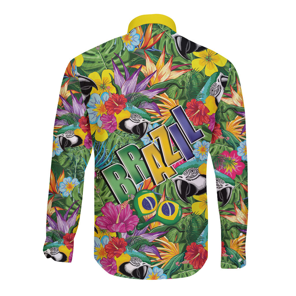 Macaw Parrot Brazil Long Sleeve Button Shirt Maracas Seamless Tropical Flowers