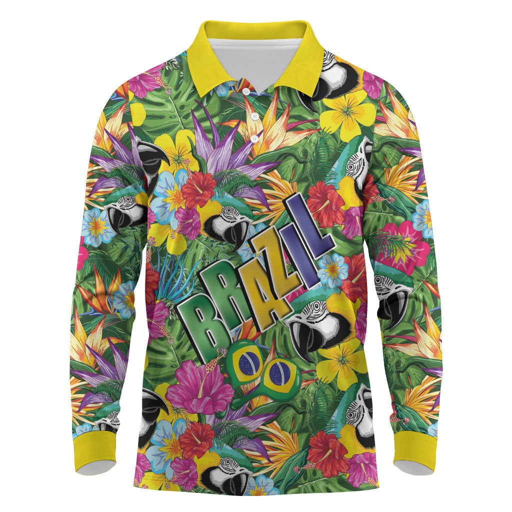 Macaw Parrot Brazil Long Sleeve Polo Shirt Maracas Seamless Tropical Flowers
