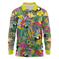 Macaw Parrot Brazil Long Sleeve Polo Shirt Maracas Seamless Tropical Flowers