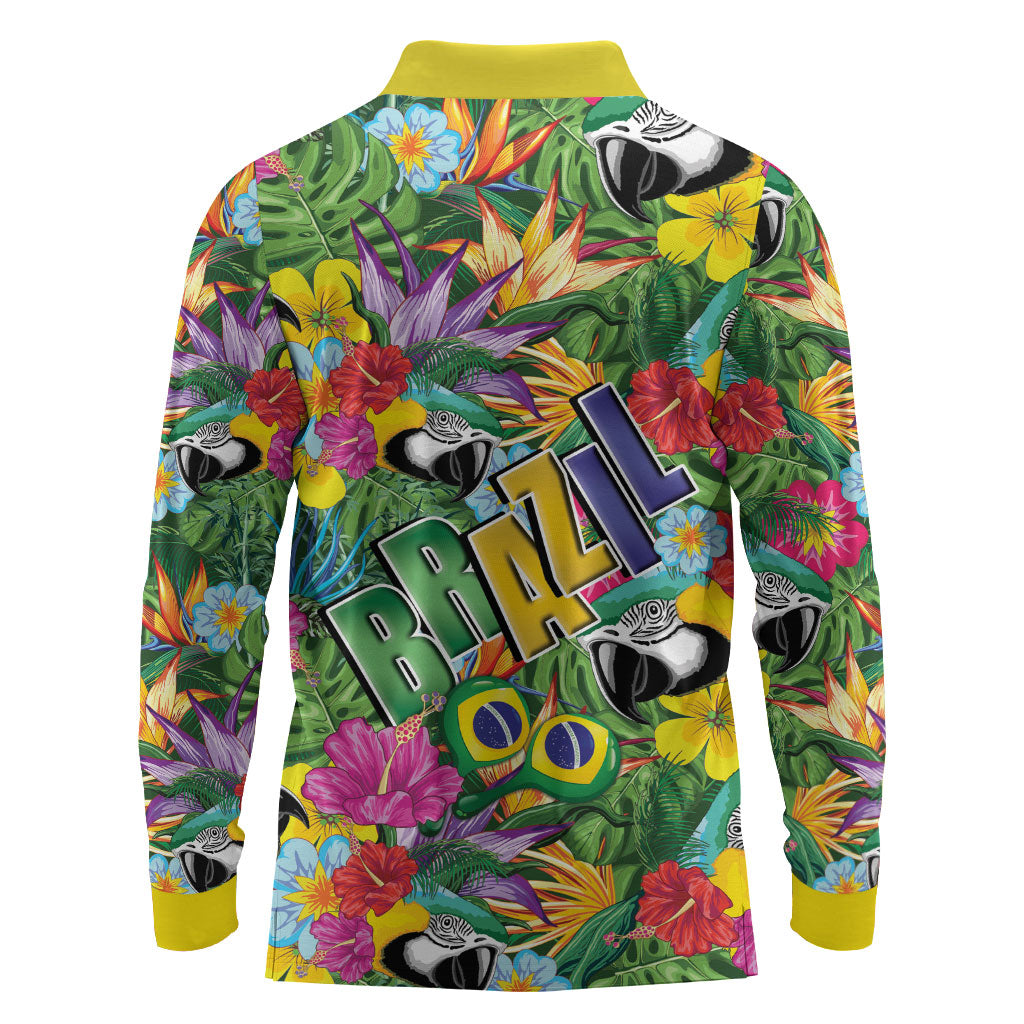 Macaw Parrot Brazil Long Sleeve Polo Shirt Maracas Seamless Tropical Flowers