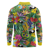 Macaw Parrot Brazil Long Sleeve Polo Shirt Maracas Seamless Tropical Flowers