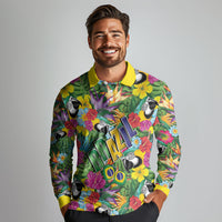 Macaw Parrot Brazil Long Sleeve Polo Shirt Maracas Seamless Tropical Flowers