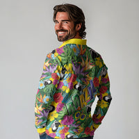 Macaw Parrot Brazil Long Sleeve Polo Shirt Maracas Seamless Tropical Flowers