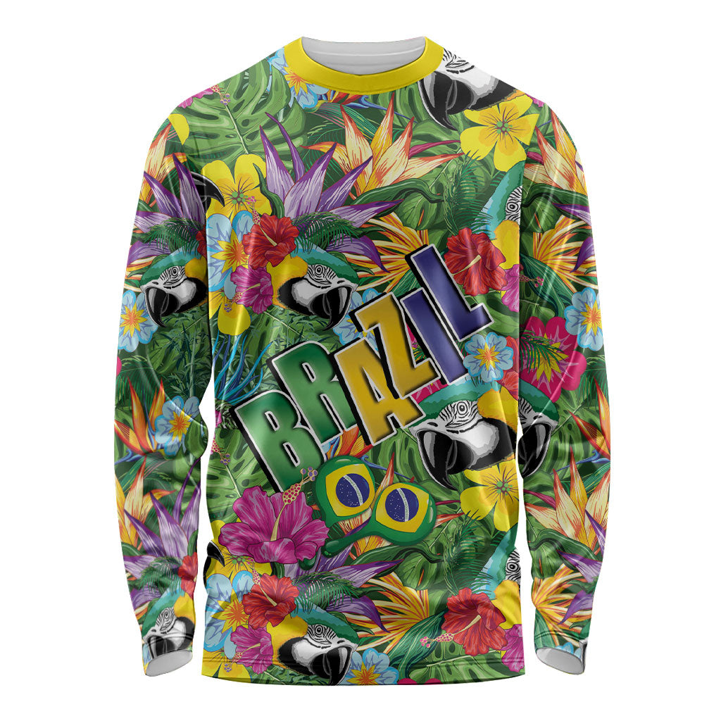Macaw Parrot Brazil Long Sleeve Shirt Maracas Seamless Tropical Flowers