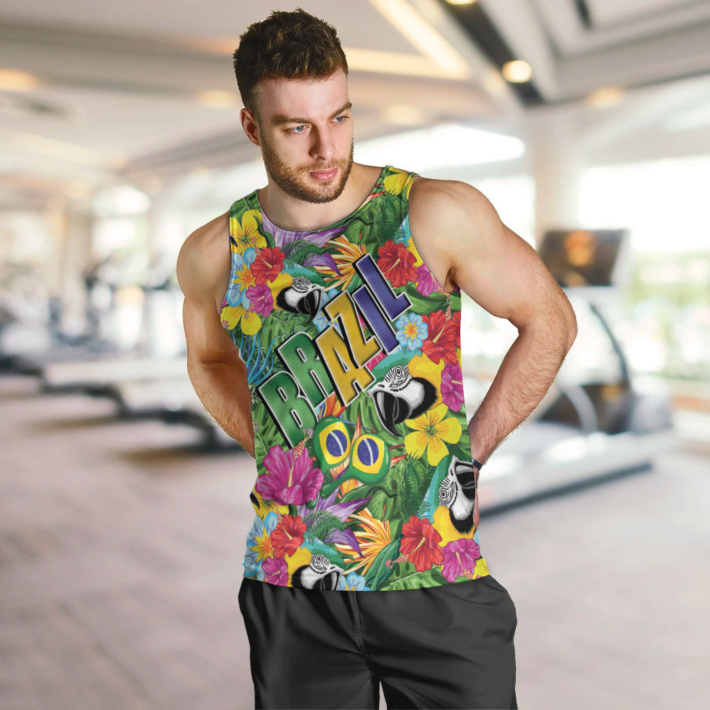 Macaw Parrot Brazil Men Tank Top Maracas Seamless Tropical Flowers