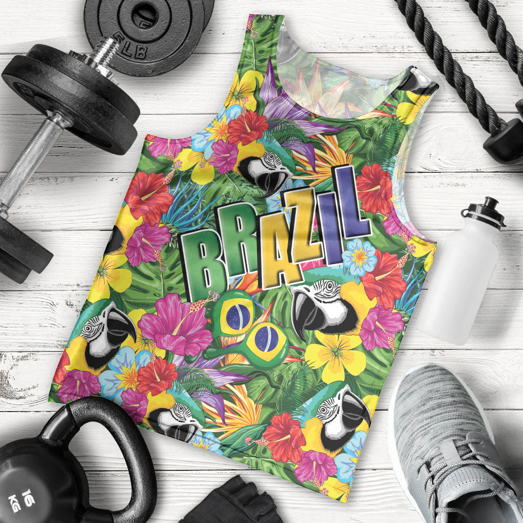 Macaw Parrot Brazil Men Tank Top Maracas Seamless Tropical Flowers