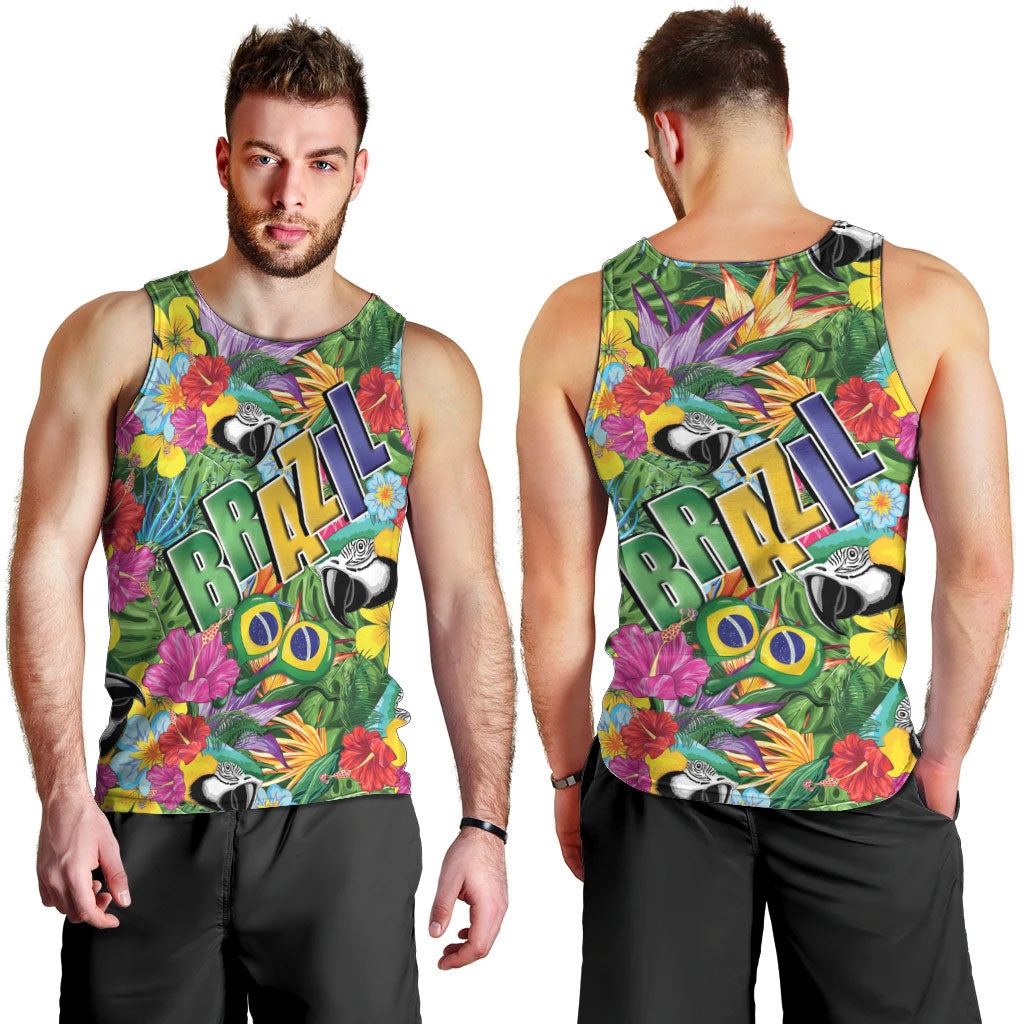 Macaw Parrot Brazil Men Tank Top Maracas Seamless Tropical Flowers