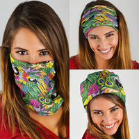 Macaw Parrot Brazil Neck Gaiter Maracas Seamless Tropical Flowers