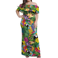 Macaw Parrot Brazil Off Shoulder Maxi Dress Maracas Seamless Tropical Flowers