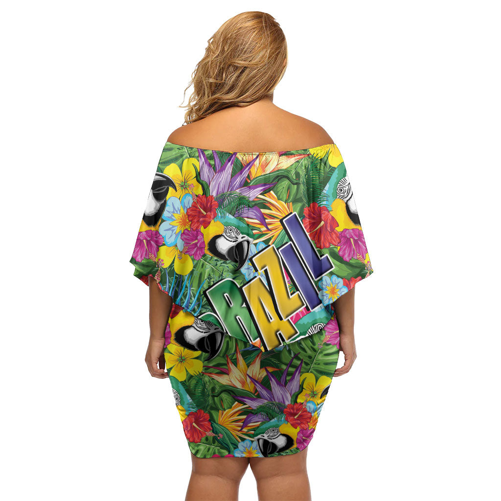Macaw Parrot Brazil Off Shoulder Short Dress Maracas Seamless Tropical Flowers