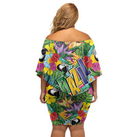 Macaw Parrot Brazil Off Shoulder Short Dress Maracas Seamless Tropical Flowers