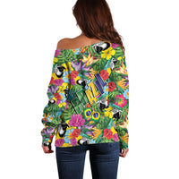 Macaw Parrot Brazil Off Shoulder Sweater Maracas Seamless Tropical Flowers