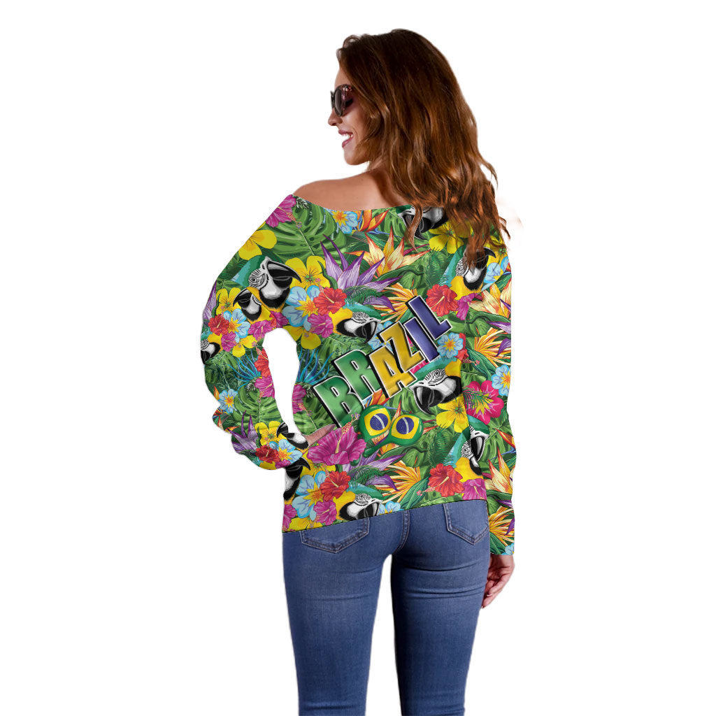 Macaw Parrot Brazil Off Shoulder Sweater Maracas Seamless Tropical Flowers