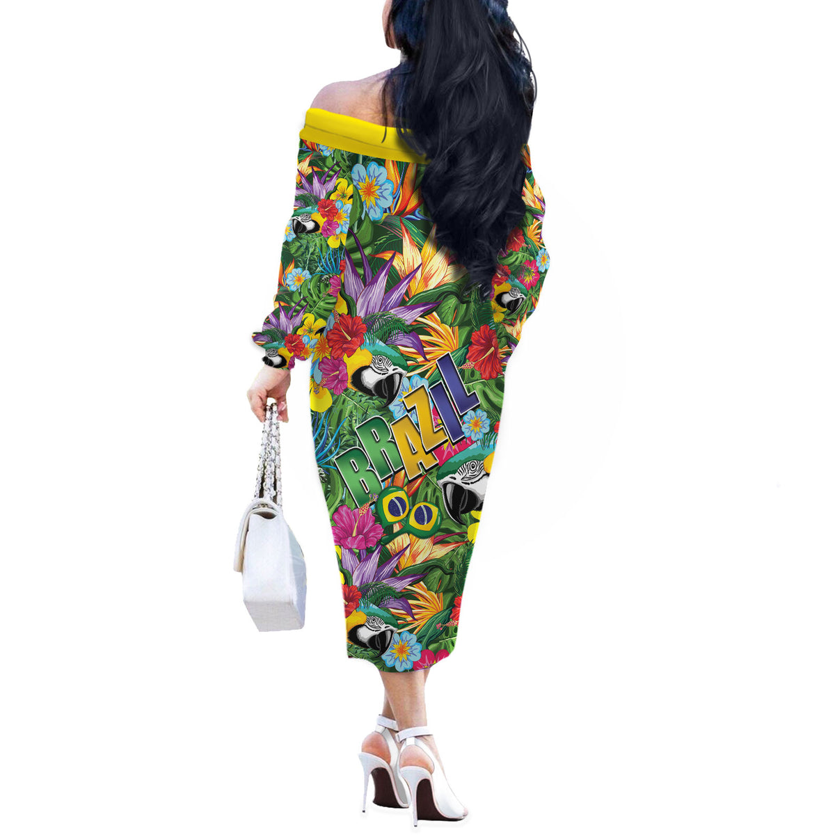 Macaw Parrot Brazil Off The Shoulder Long Sleeve Dress Maracas Seamless Tropical Flowers